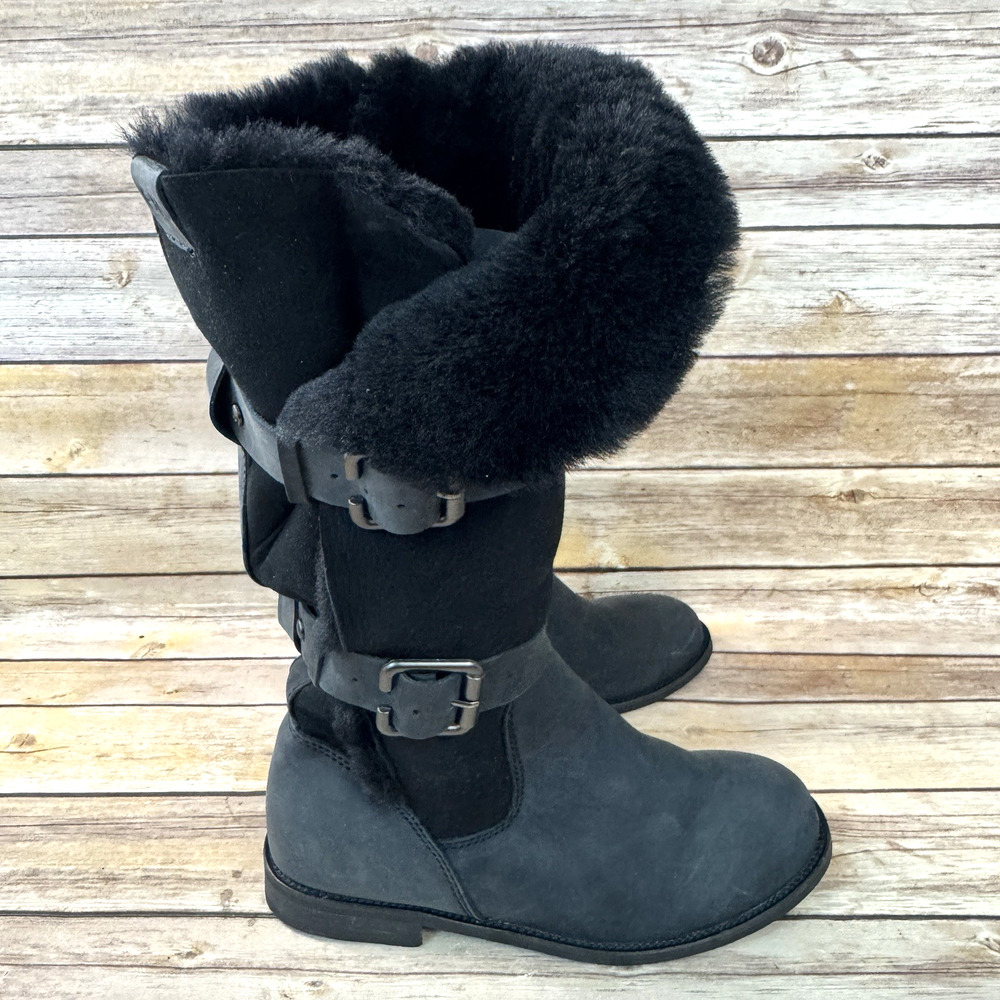 Emu Womens Black Leather Biker Boots with Shepskin Lining Size 7 - Picture 2 of 11